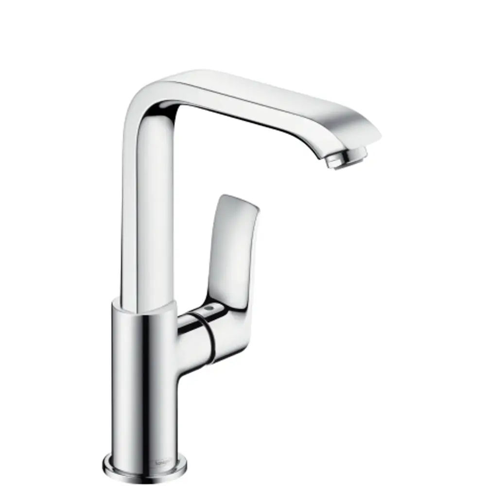 Ein Einhebel-Waschtischmischer aus Chrom von Hansgrohe mit einem geraden, modernen Design und einem seitlichen Hebel zur Temperatur- und Strömungsregelung.
